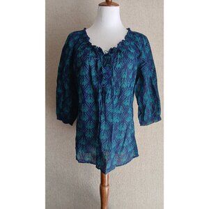 Old Navy Blue Green Patterned Boho Tie-Front Blouse 3/4 Sleeve NWOT